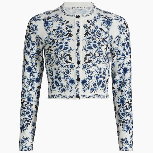 Alice + Olivia Carson Blue and White Floral Cardigan XS NWT - Picture 1 of 6